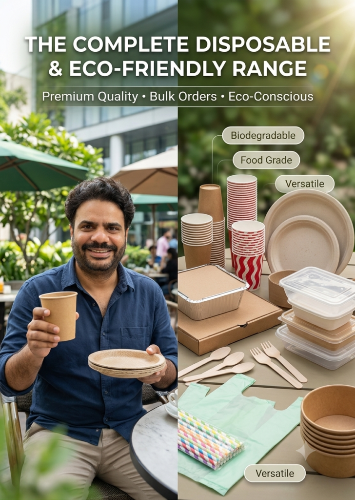 disposable material : Cup | Paper Plates | Glass | wood spoon | Fork | Khaki carry bag | Butter paper | Disposal Material | Thali | Napkin | Tissue paper